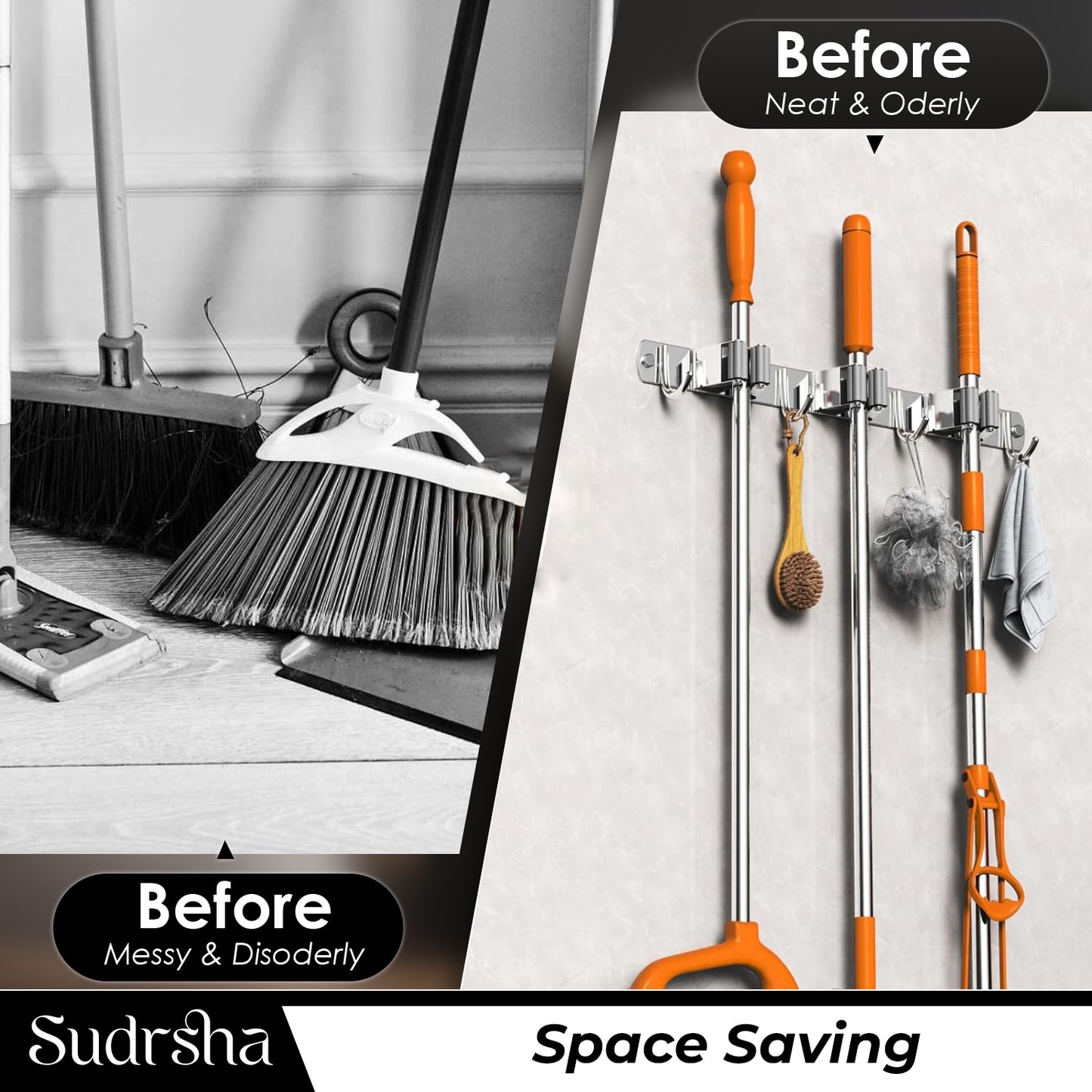 Screw Wall Mounted 3 Slot Stainless Steel Mop and Broom Holder, (3 racks and 3 Hooks) (Silver)