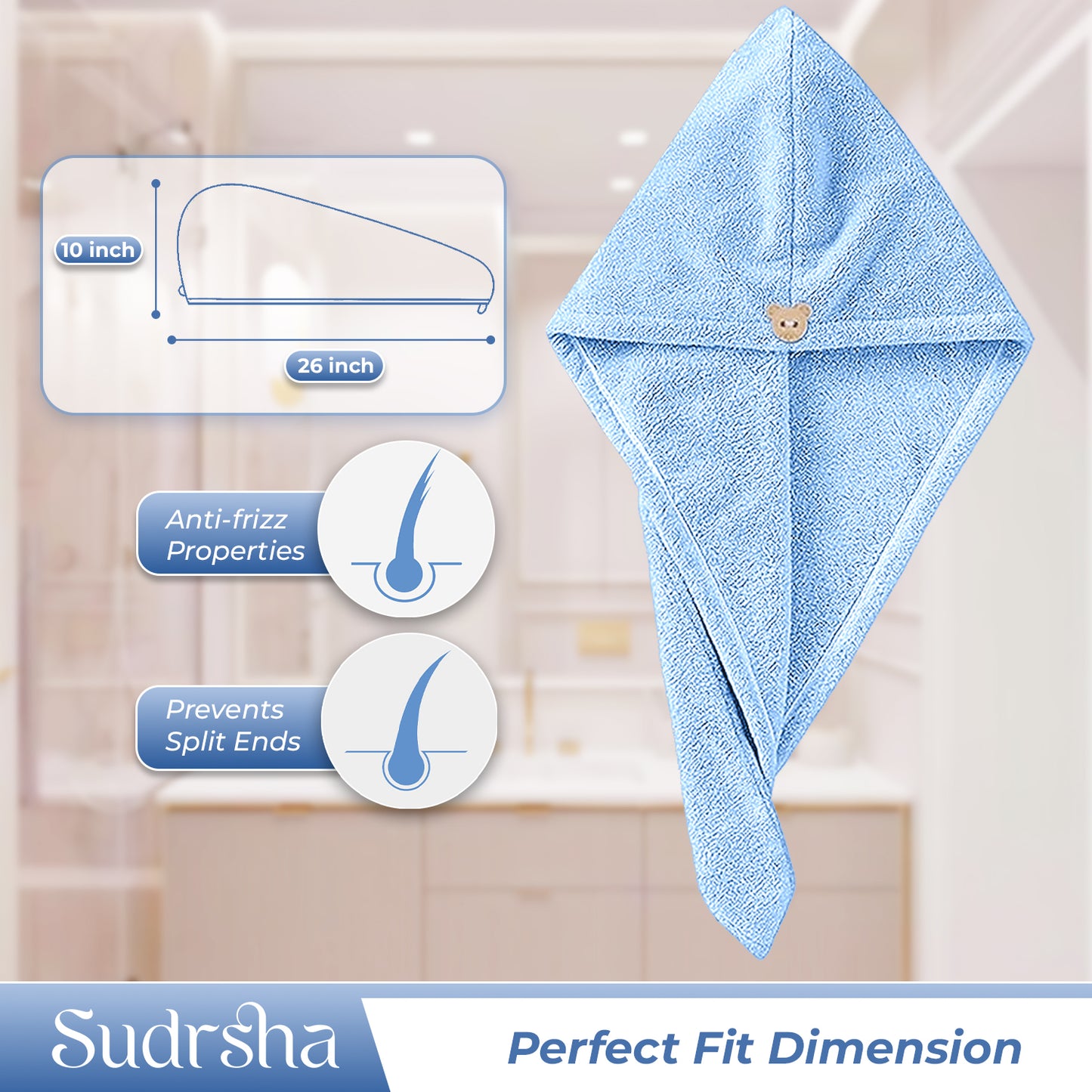 Sudrsha Microfiber ( Sky -Blue) Hair Towel Wrap for Women – Quick Drying, Super Absorbent with Elastic Loop