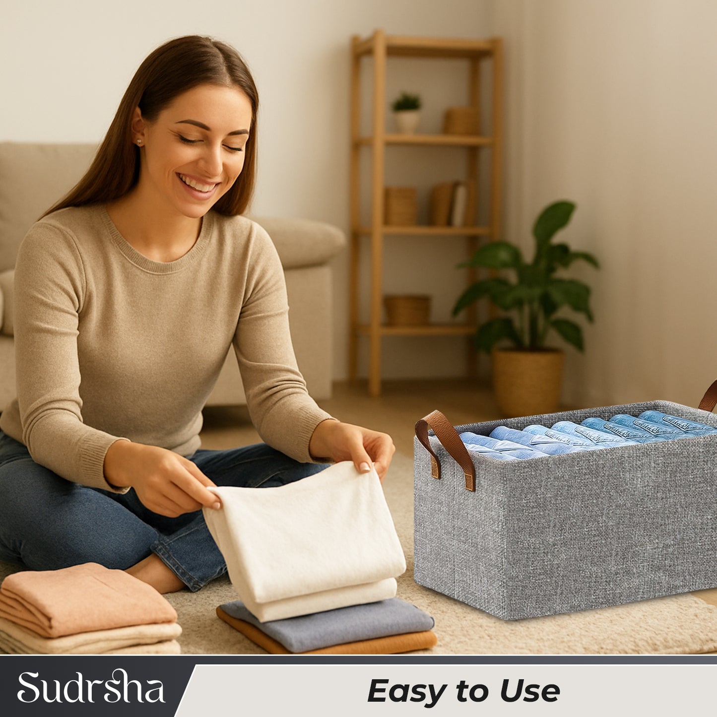 Sudrsha Foldable Wardrobe Organizer Box (47×27×20 cm) | Durable Polystyrene Storage with Handle for Clothes, Toys & Blankets(Grey)