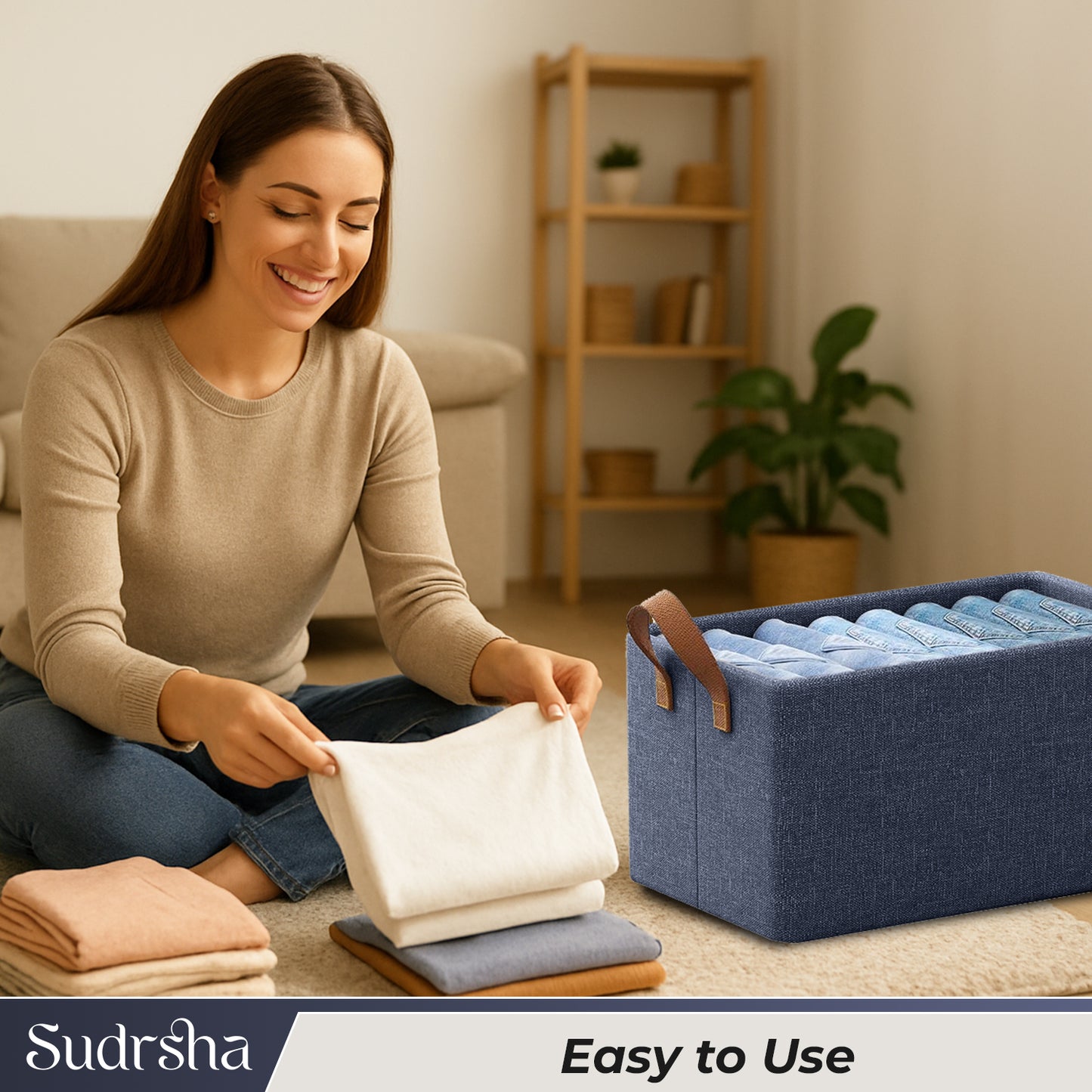 Sudrsha Foldable Wardrobe Organizer Box (47×27×20 cm) | Durable Polystyrene Storage with Handle for Clothes, Toys & Blankets(Navy Blue)