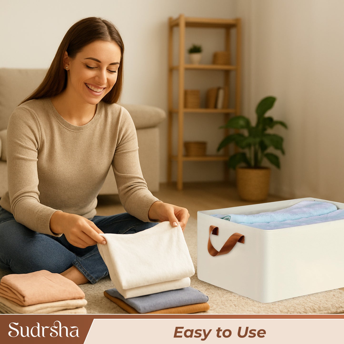 Sudrsha Foldable Wardrobe Organizer Box (47×27×20 cm) | Durable Polystyrene Storage with Handle for Clothes, Toys & Blankets(White)