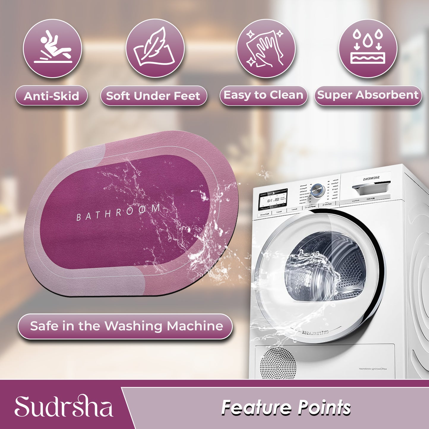SUDRSHA Anti-Skid 3.5mm Pink Bath Mat | Water Absorbent Door & Bathroom Floor Mat