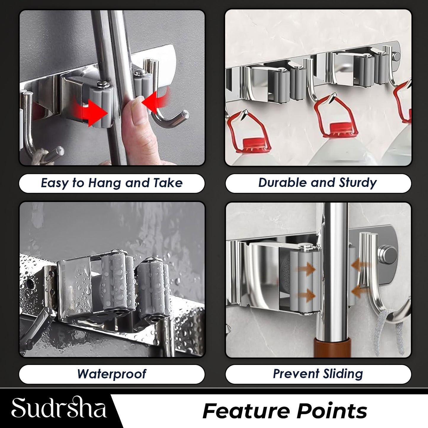 Screw Wall Mounted 3 Slot Stainless Steel Mop and Broom Holder, (3 racks and 3 Hooks) (Silver)