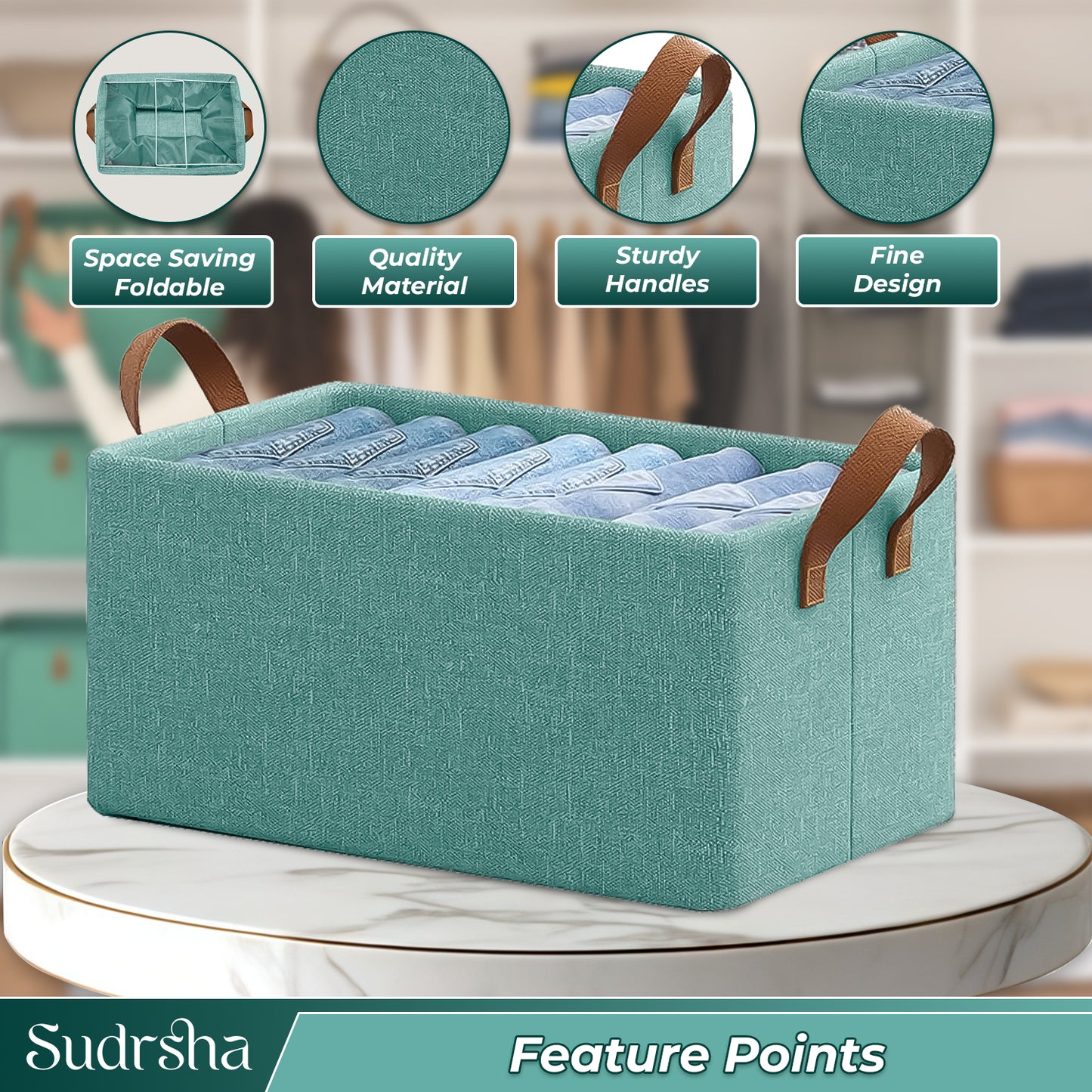 Sudrsha Foldable Wardrobe Organizer Box (47×27×20 cm) | Durable Polystyrene Storage with Handle for Clothes, Toys & Blankets(Green)