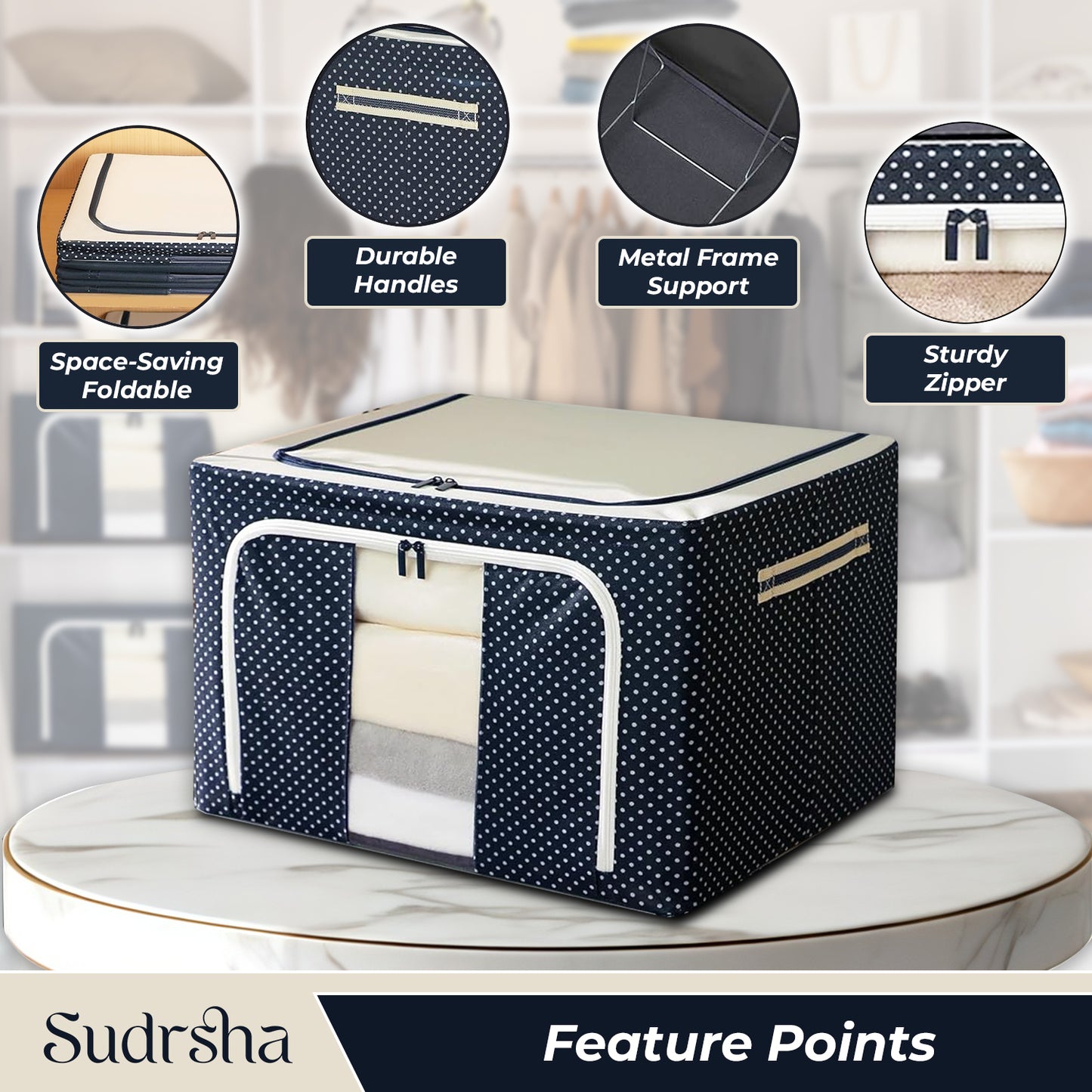 Sudrsha Double-24Litre Sided Zipper Foldable Storage Box – Closet Organizer for Clothes, Toys & More