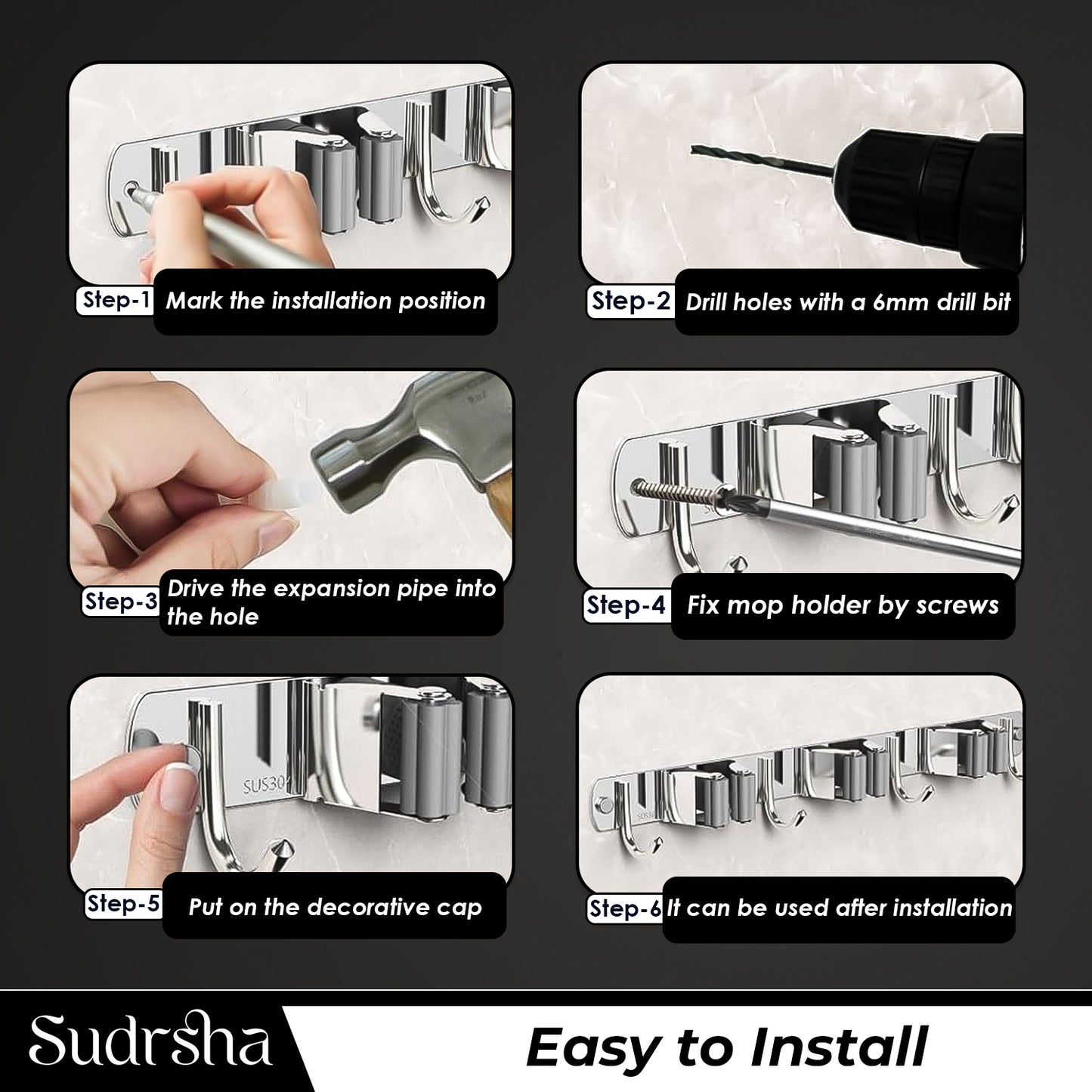 Screw Wall Mounted 3 Slot Stainless Steel Mop and Broom Holder, (3 racks and 3 Hooks) (Silver)