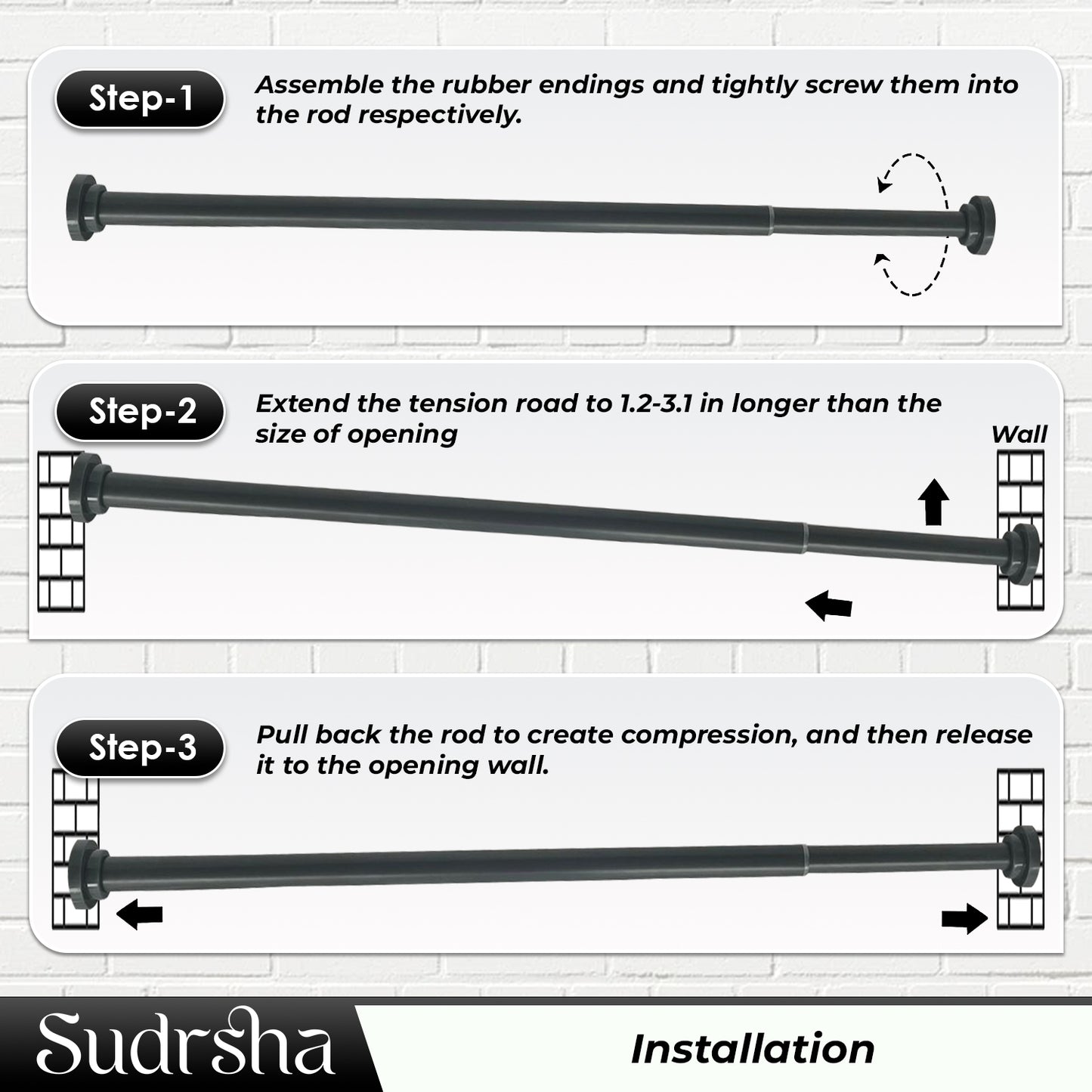 Sudrsha Stainless Steel Extendable Shower Grey Curtain Tension Rod – Non-Drilling, Anti-Skid Spring Pull Rod (85cm–140cm)