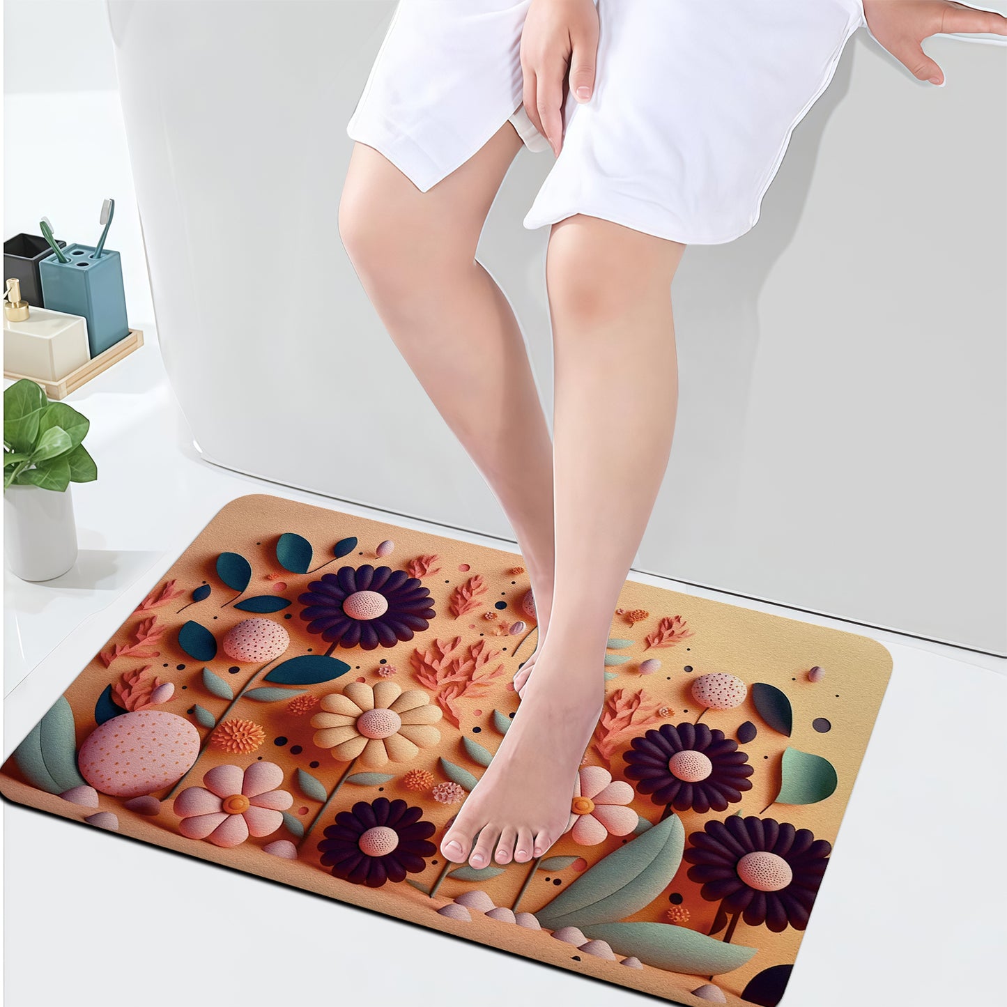 Sudrsha Anti-Skid 3D Flower Print Rubber Bath Mat – Water-Absorbent Leaf Pattern Bathroom Mat