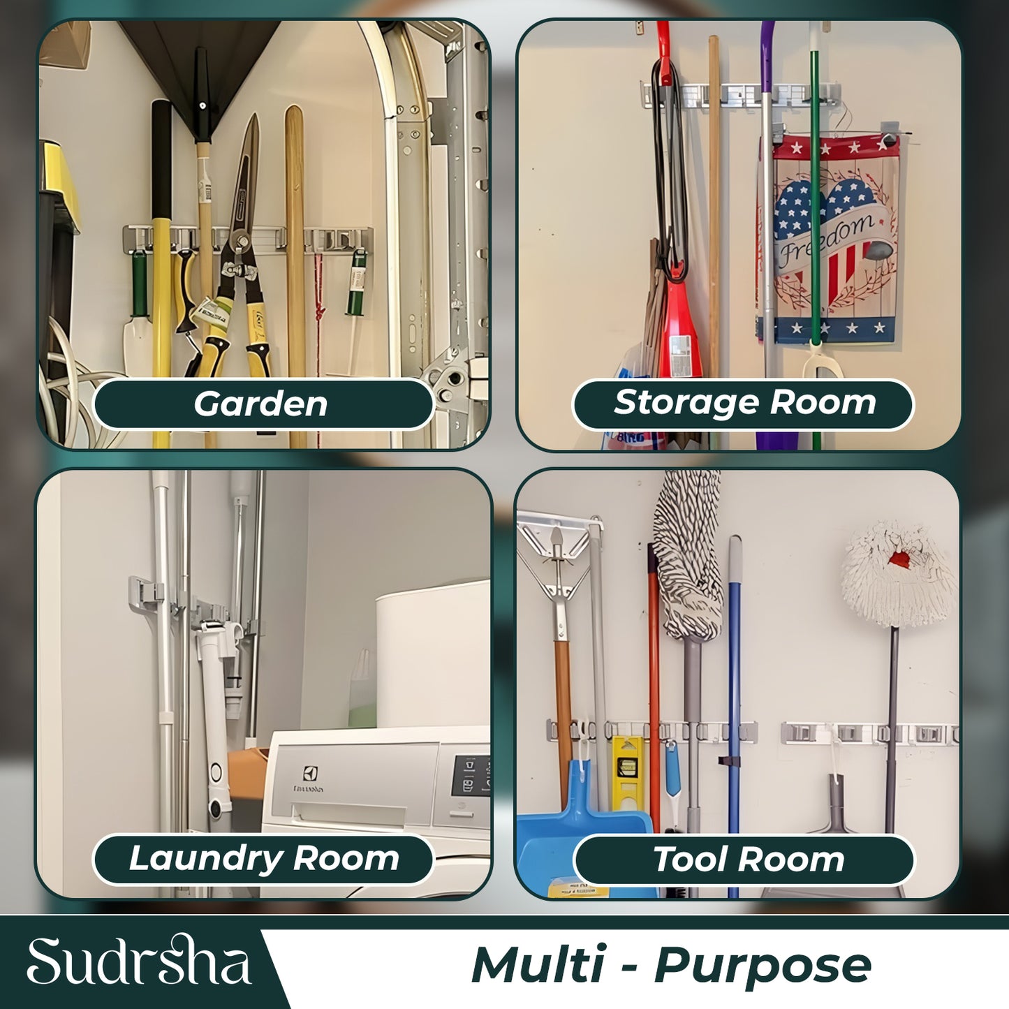Screw Wall Mounted 4 Slot Stainless Steel Mop and Broom Holder, (4 racks and 4 Hooks) (Silver)