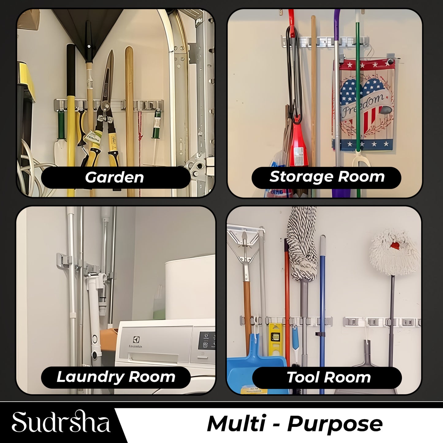 Screw Wall Mounted 3 Slot Stainless Steel Mop and Broom Holder, (3 racks and 3 Hooks) (Silver)