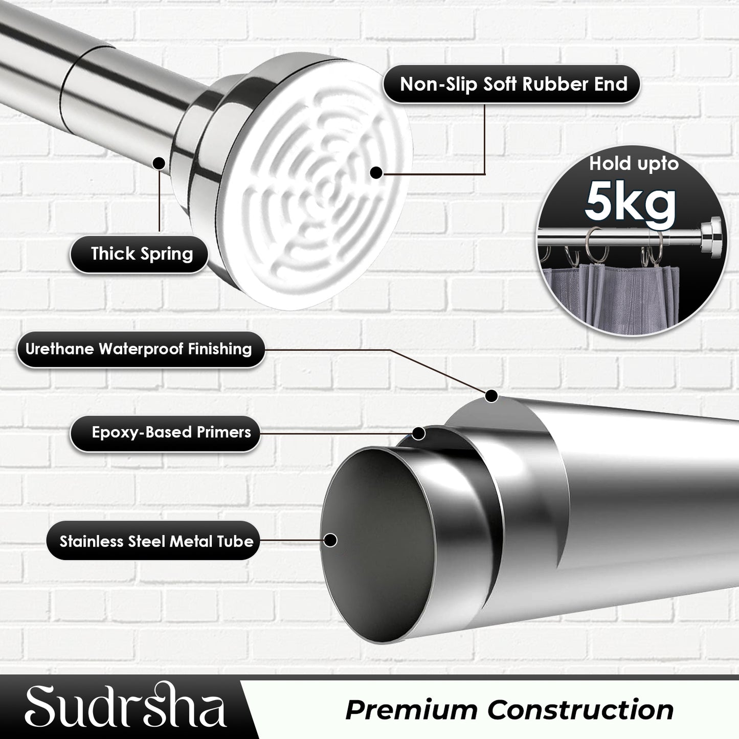 Sudrsha Stainless Steel Extendable Shower Silver Curtain Tension Rod – Non-Drilling, Anti-Skid Spring Pull Rod (85cm–140cm)