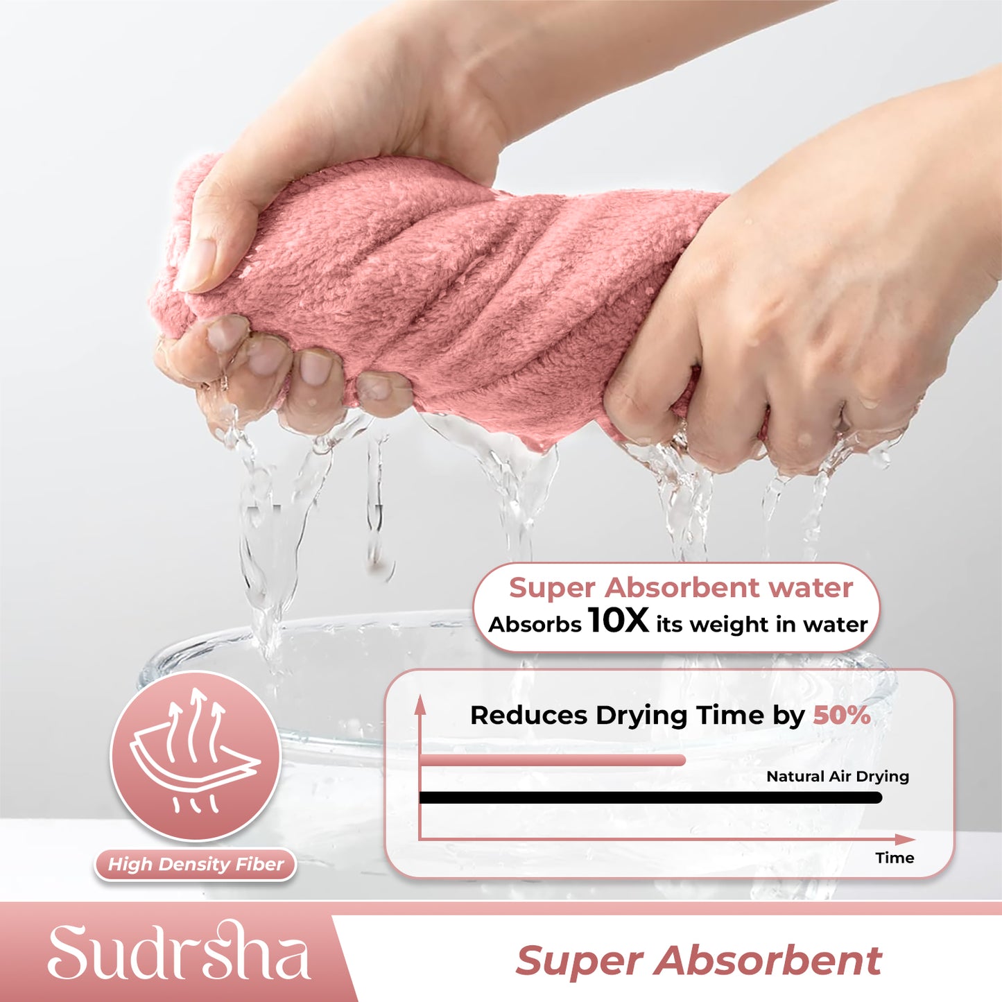 Sudrsha Microfiber (Pink) Hair Towel Wrap for Women – Quick Drying, Super Absorbent with Elastic Loop