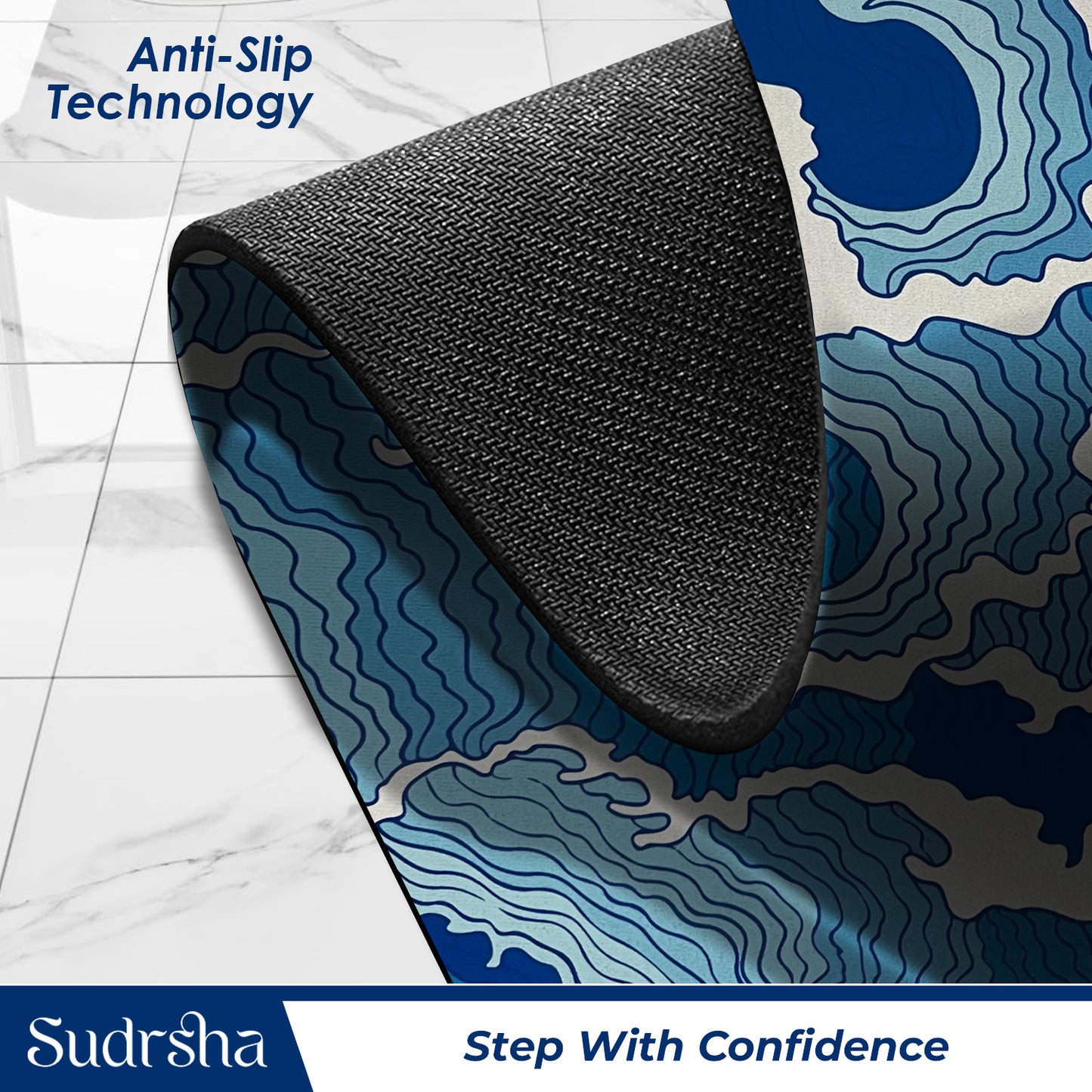 Sudrsha Anti-Skid 3D Blue Sea Waves Rubber Bath Mat – Water-Absorbent