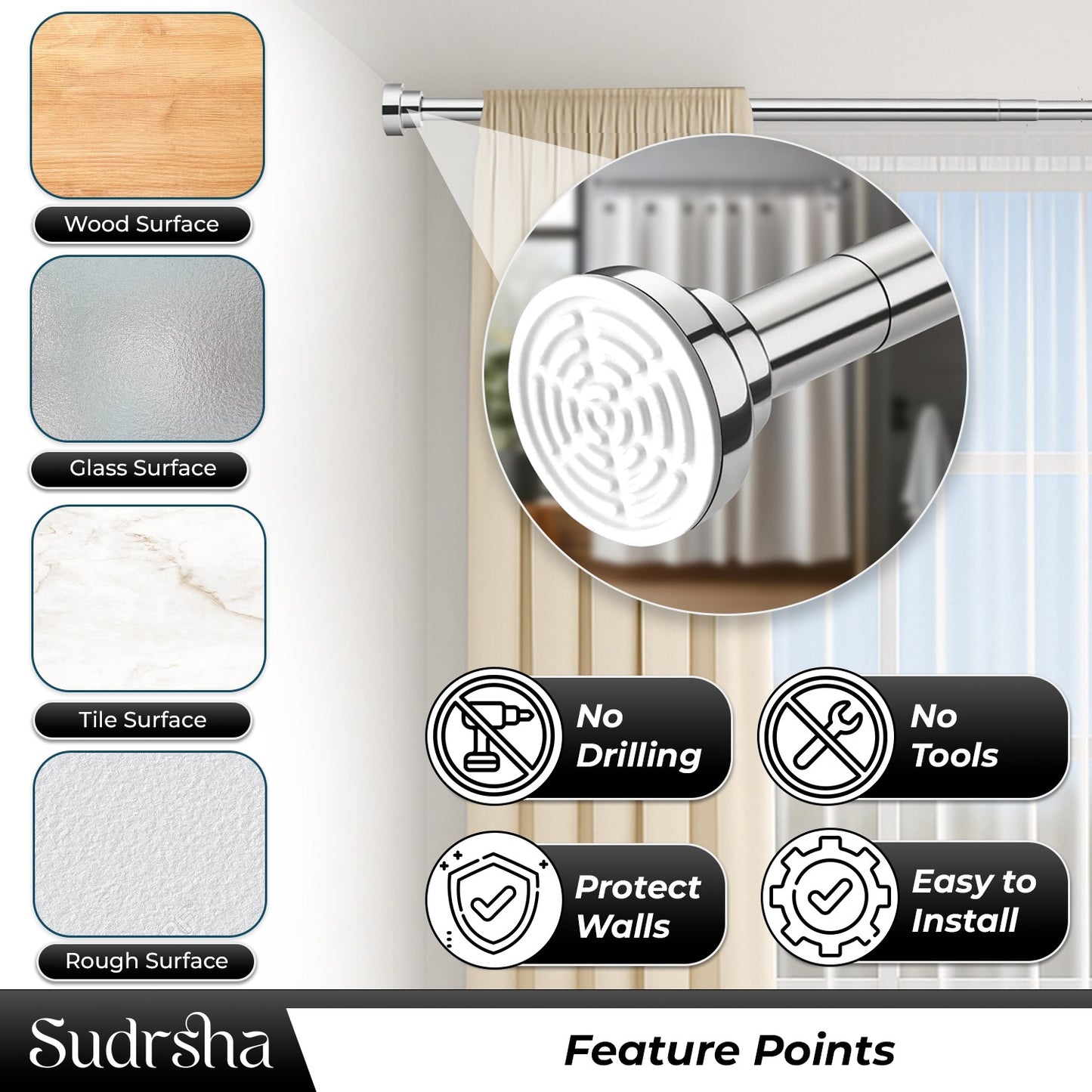 Sudrsha Stainless Steel Extendable Shower Silver Curtain Tension Rod – Non-Drilling, Anti-Skid Spring Pull Rod (85cm–140cm)