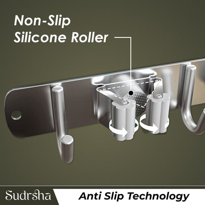 Screw Wall Mounted  2 Slot Stainless Steel Mop and Broom Holder, (2 racks and 2 Hooks) (Silver)