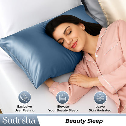 Sudrsha Solid 600 TC Satin Silk PillowCases (Stone Blue )