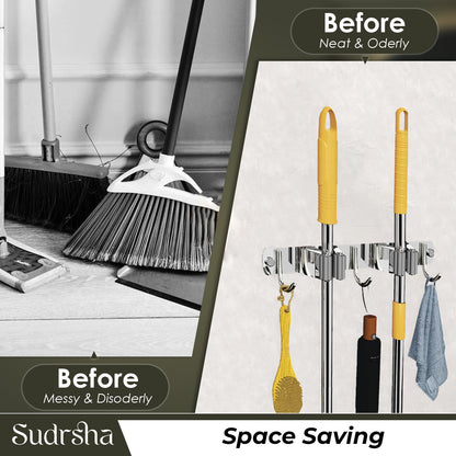 Screw Wall Mounted  2 Slot Stainless Steel Mop and Broom Holder, (2 racks and 2 Hooks) (Silver)