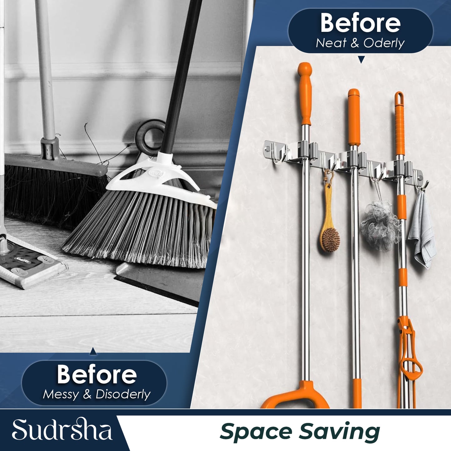 Screw Wall Mounted  5 Slot Stainless Steel Mop and Broom Holder (5 racks and 5 Hooks)  (Silver)