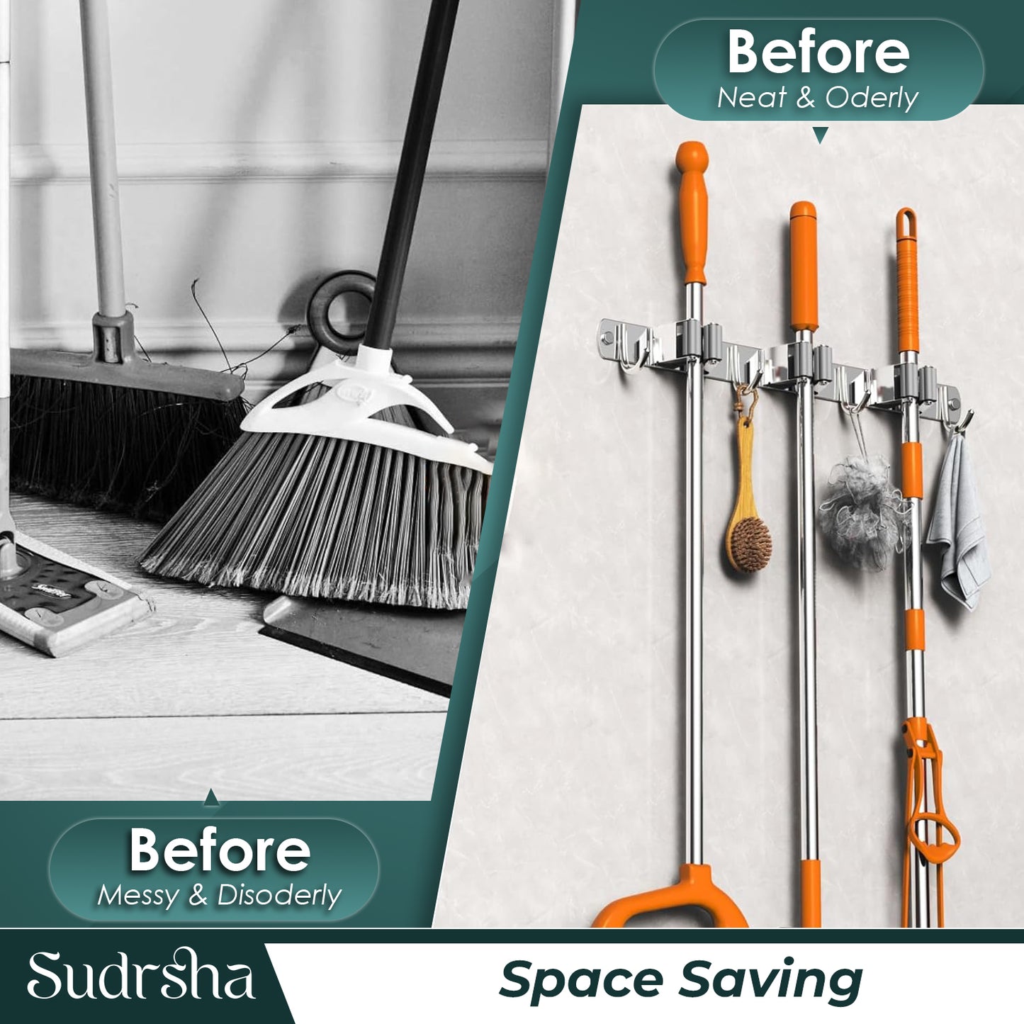 Screw Wall Mounted  4 Slot Stainless Steel Mop and Broom Holder, (4 racks and 4 Hooks) (Silver)