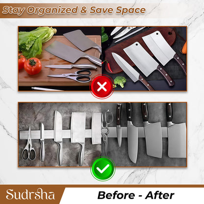 Sudrsha Magnetic Knife Strip Wall Mounted Knife Bar with Adhesive, No Drilling, Multi-Purpose Kitchen Organizer & Tool Holder