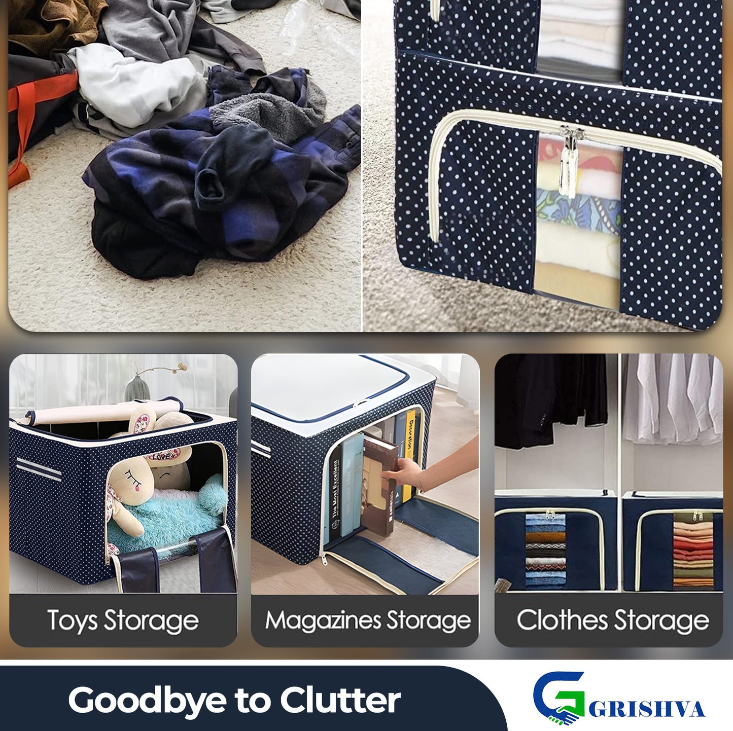 GRISHVA 66 Litters Double Sided Zipper Wardrobe Organizer with Durable Handle, Foldable Stuff Storage Box Closet Drawer Organizers for Clothes,Toys,Books,Blanket (Blue) 45 x 30 x 23 Cm