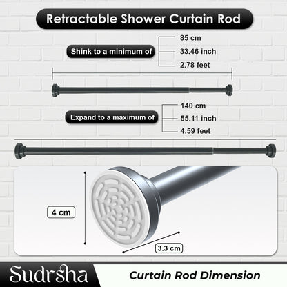 Sudrsha Stainless Steel Extendable Shower Grey Curtain Tension Rod – Non-Drilling, Anti-Skid Spring Pull Rod (85cm–140cm)