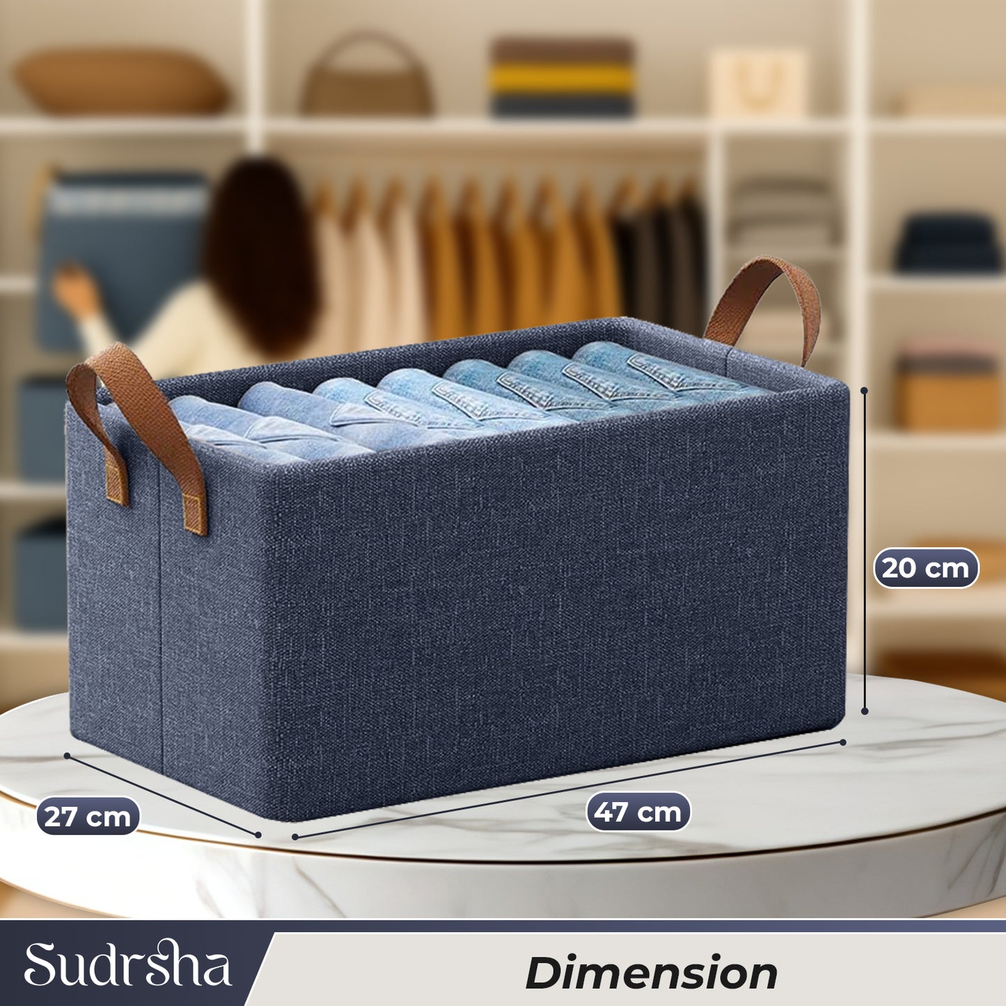 Sudrsha Foldable Wardrobe Organizer Box (47×27×20 cm) | Durable Polystyrene Storage with Handle for Clothes, Toys & Blankets(Navy Blue)
