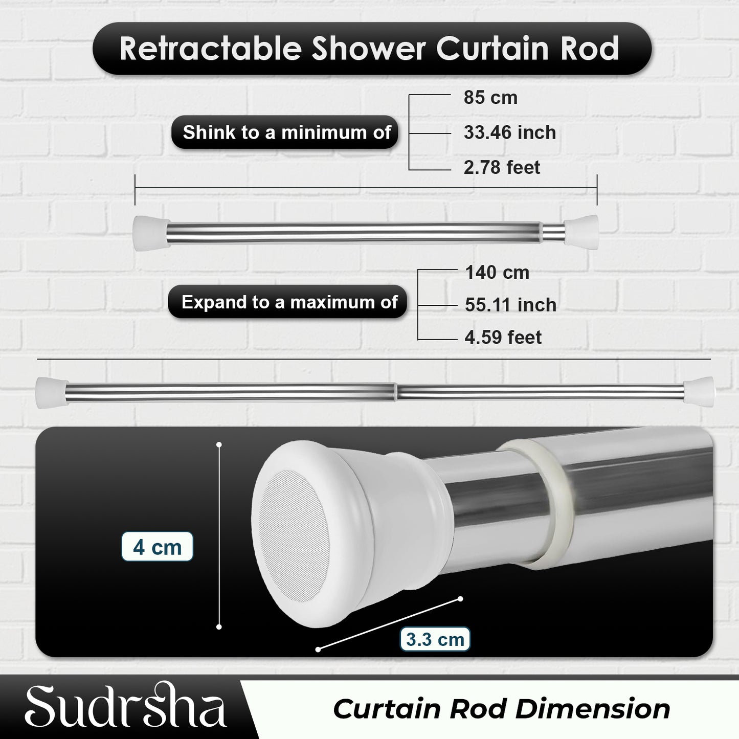 SUDRSHA (85Cm To 140Cm) White-Silver Extendable Shower Curtain Tension Rod Non-Drilling Anti-Skid Spring Pull Rod -Stainless Steel