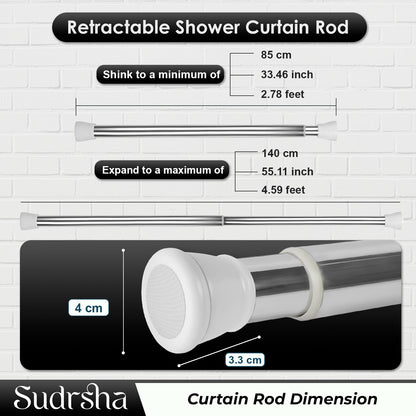 SUDRSHA (85Cm To 140Cm) White-Silver Extendable Shower Curtain Tension Rod Non-Drilling Anti-Skid Spring Pull Rod -Stainless Steel