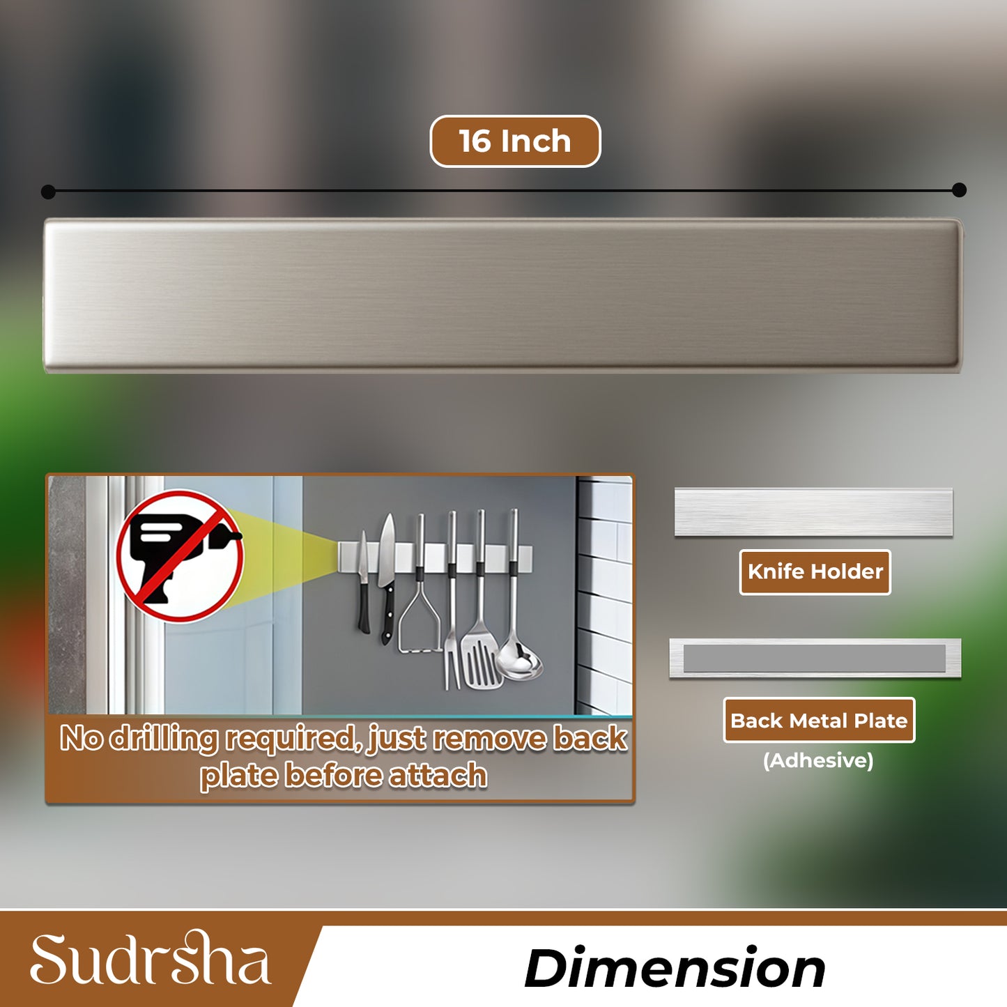 Sudrsha Magnetic Knife Strip Wall Mounted Knife Bar with Adhesive, No Drilling, Multi-Purpose Kitchen Organizer & Tool Holder