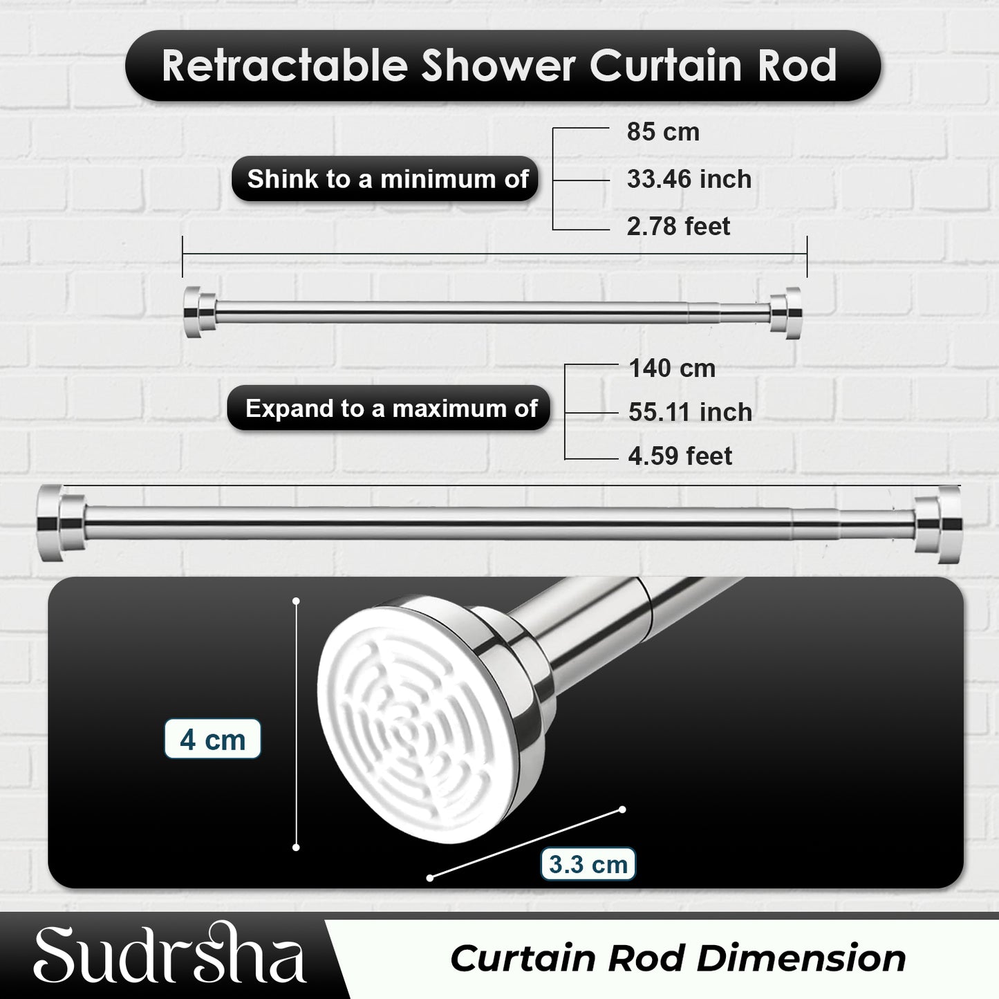 Sudrsha Stainless Steel Extendable Shower Silver Curtain Tension Rod – Non-Drilling, Anti-Skid Spring Pull Rod (85cm–140cm)