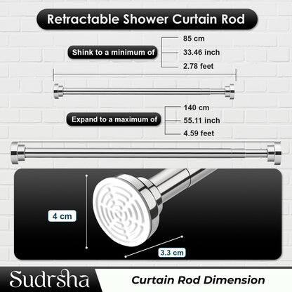 Sudrsha Stainless Steel Extendable Shower Silver Curtain Tension Rod – Non-Drilling, Anti-Skid Spring Pull Rod (85cm–140cm)