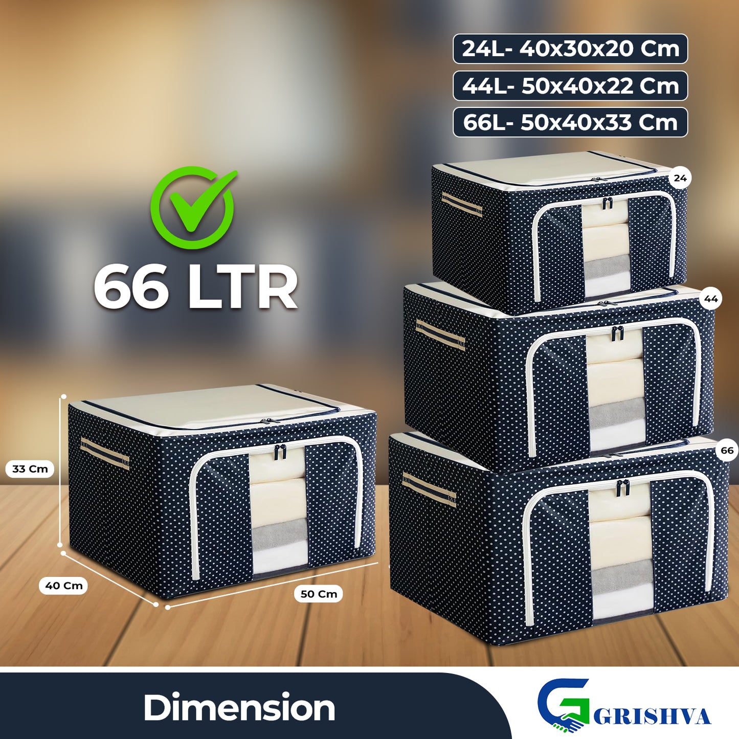 GRISHVA 66 Litters Double Sided Zipper Wardrobe Organizer with Durable Handle, Foldable Stuff Storage Box Closet Drawer Organizers for Clothes,Toys,Books,Blanket (Blue) 45 x 30 x 23 Cm