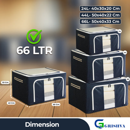 GRISHVA 66 Litters Double Sided Zipper Wardrobe Organizer with Durable Handle, Foldable Stuff Storage Box Closet Drawer Organizers for Clothes,Toys,Books,Blanket (Blue) 45 x 30 x 23 Cm