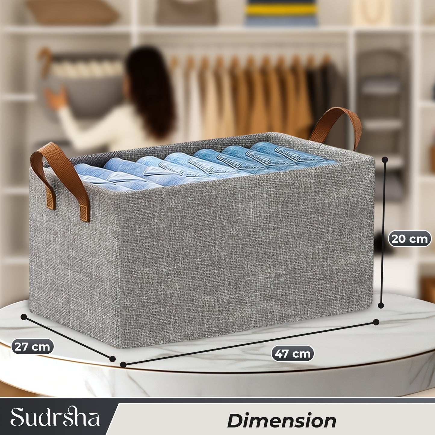 Sudrsha Foldable Wardrobe Organizer Box (47×27×20 cm) | Durable Polystyrene Storage with Handle for Clothes, Toys & Blankets(Grey)