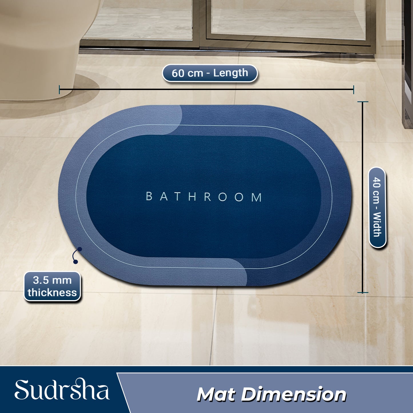 SUDRSHA Anti-Skid 3.5mm  Oval  Blue Bath Mat | Water Absorbent Door & Bathroom Floor Mat
