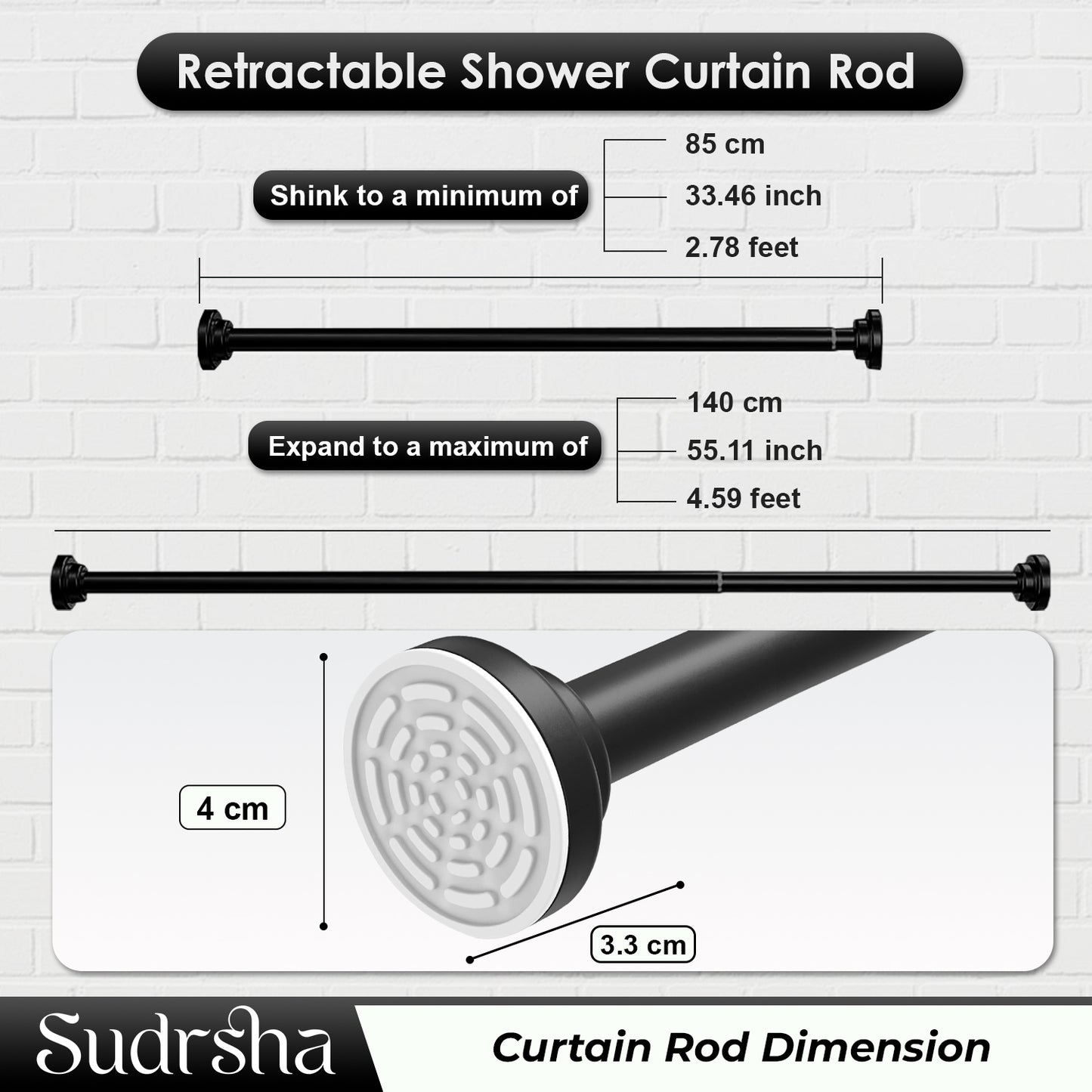 Sudrsha Stainless Steel Extendable Shower Black Curtain Tension Rod – Non-Drilling, Anti-Skid Spring Pull Rod (85cm–140cm)