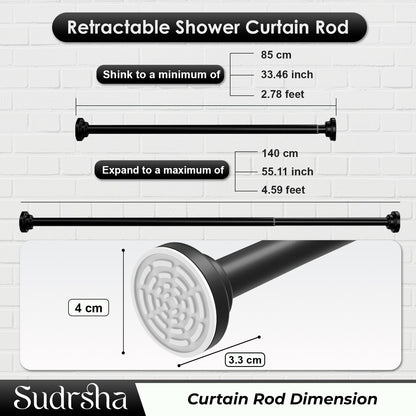 Sudrsha Stainless Steel Extendable Shower Black Curtain Tension Rod – Non-Drilling, Anti-Skid Spring Pull Rod (85cm–140cm)