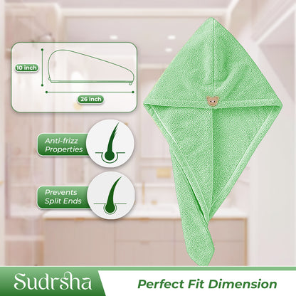 Sudrsha Microfiber (Green)  Hair Towel Wrap for Women – Quick Drying, Super Absorbent with Elastic Loop