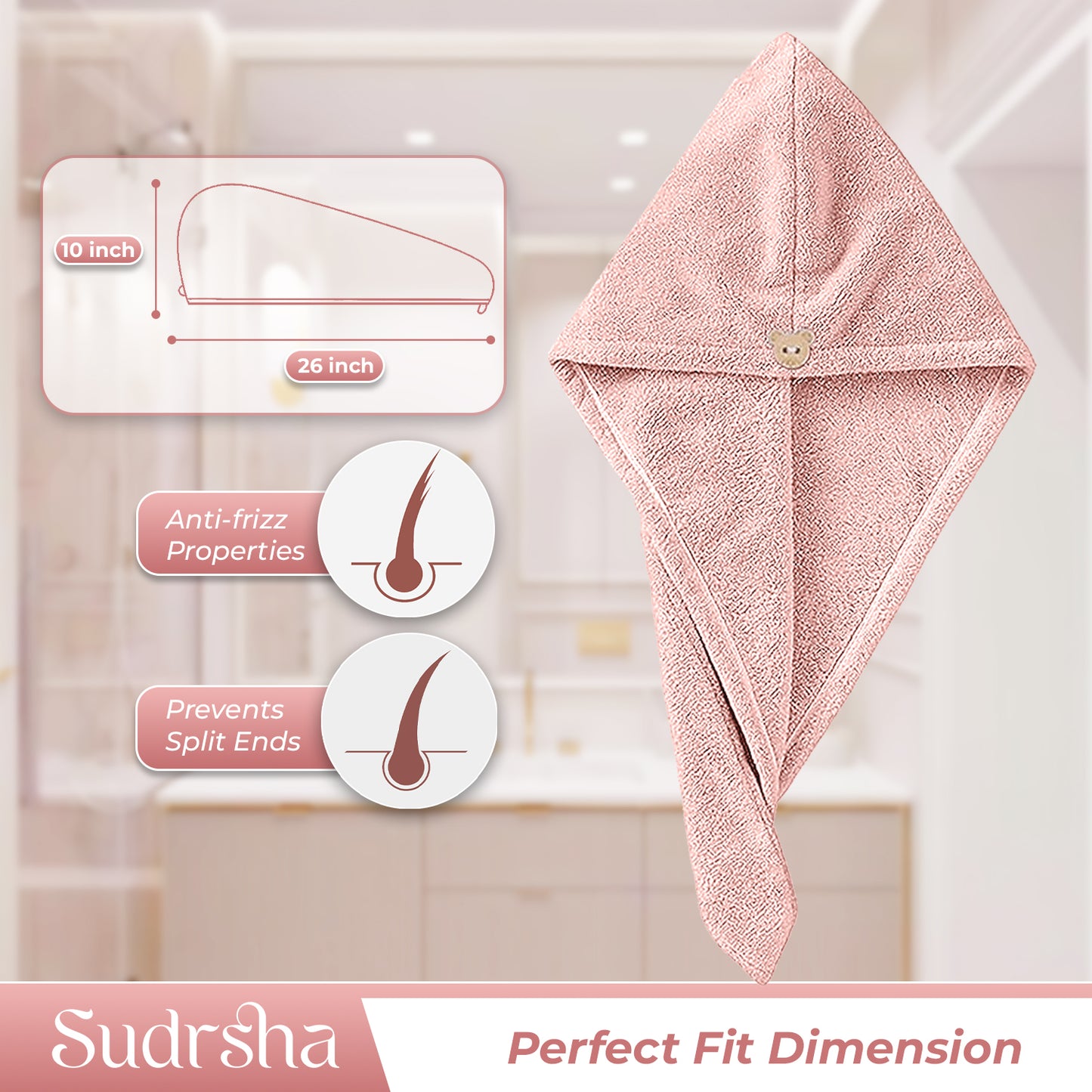 Sudrsha Microfiber (Pink)  Hair Towel Wrap for Women – Quick Drying, Super Absorbent with Elastic Loop