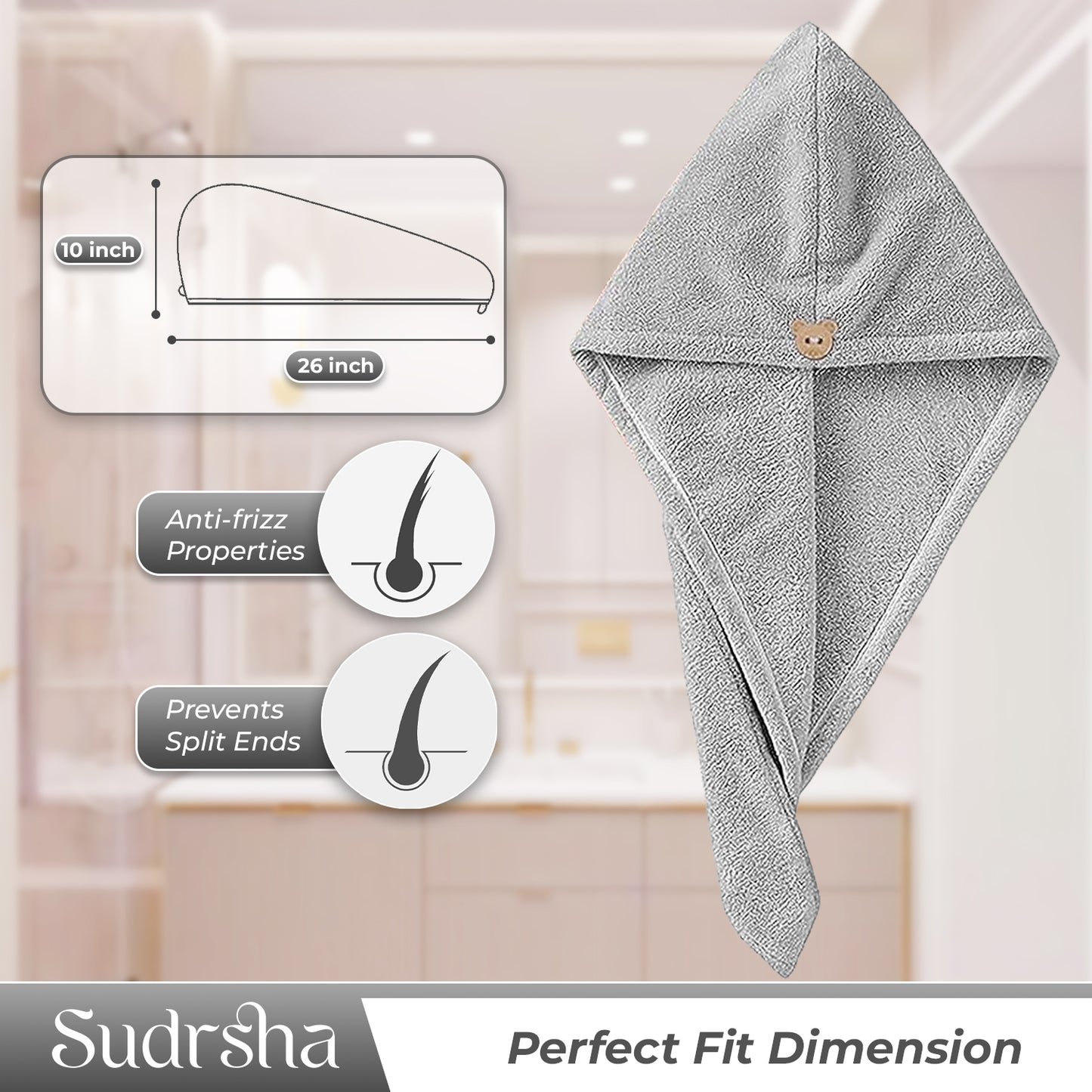 Sudrsha Microfiber (Grey)  Hair Towel Wrap for Women – Quick Drying, Super Absorbent with Elastic Loop