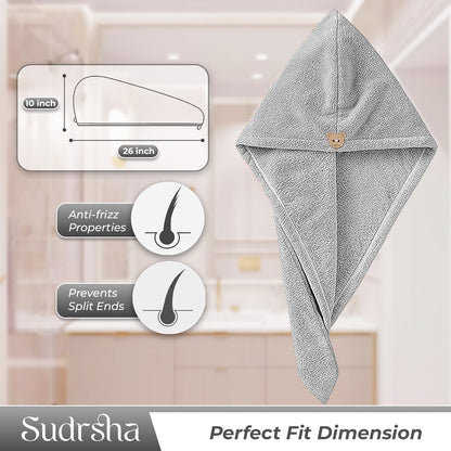 Sudrsha Microfiber (Grey)  Hair Towel Wrap for Women – Quick Drying, Super Absorbent with Elastic Loop