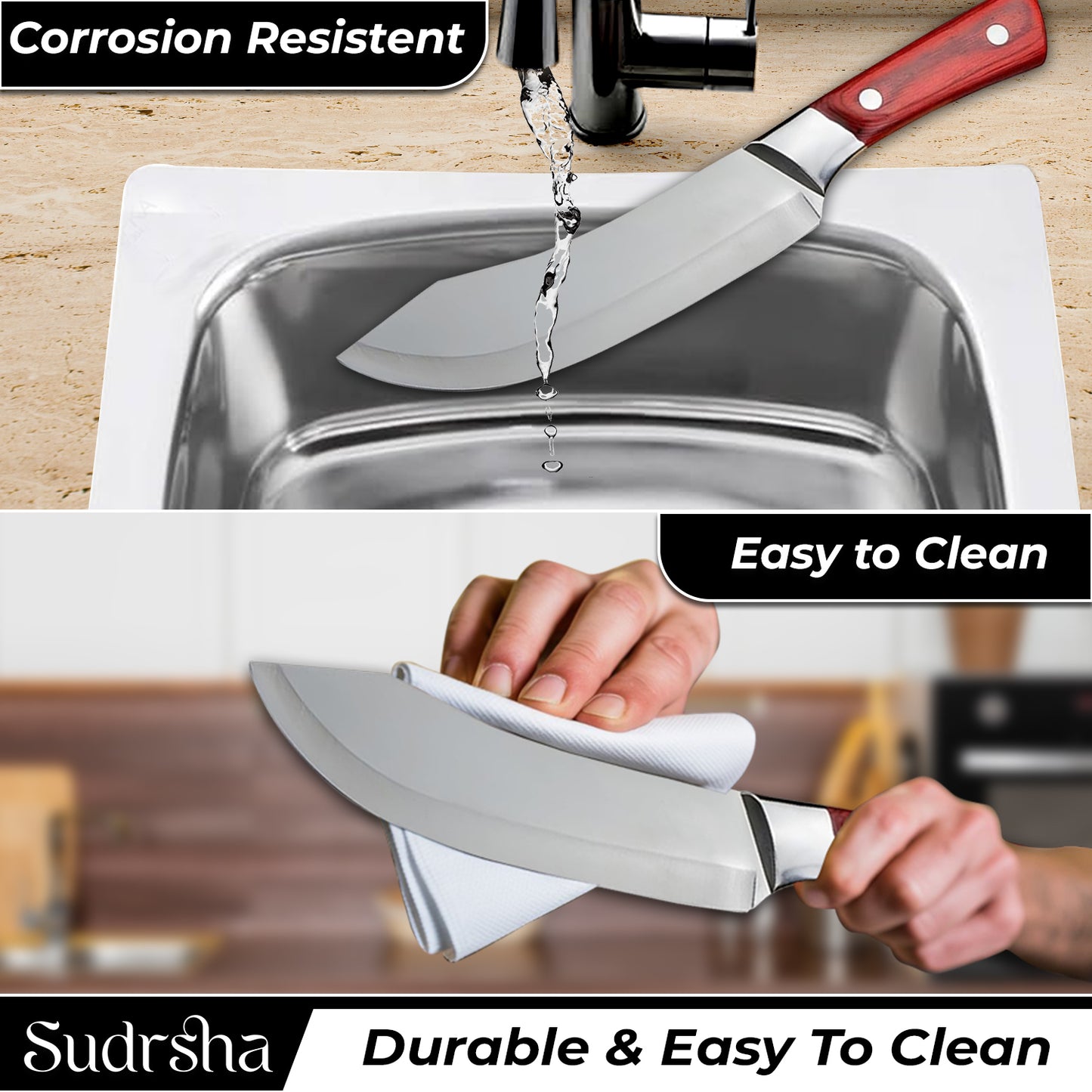 Sudrsha Heavy Duty Chef Knife with Sheath – High Carbon Steel Butcher Cleaver for Meat, Bone, Fish & Vegetables – Professional Kitchen Chopper Knife with Wooden Handle (1 Piece)