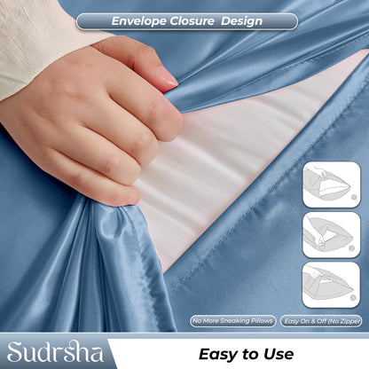 Sudrsha Solid 600 TC Satin Silk PillowCases (Stone Blue )