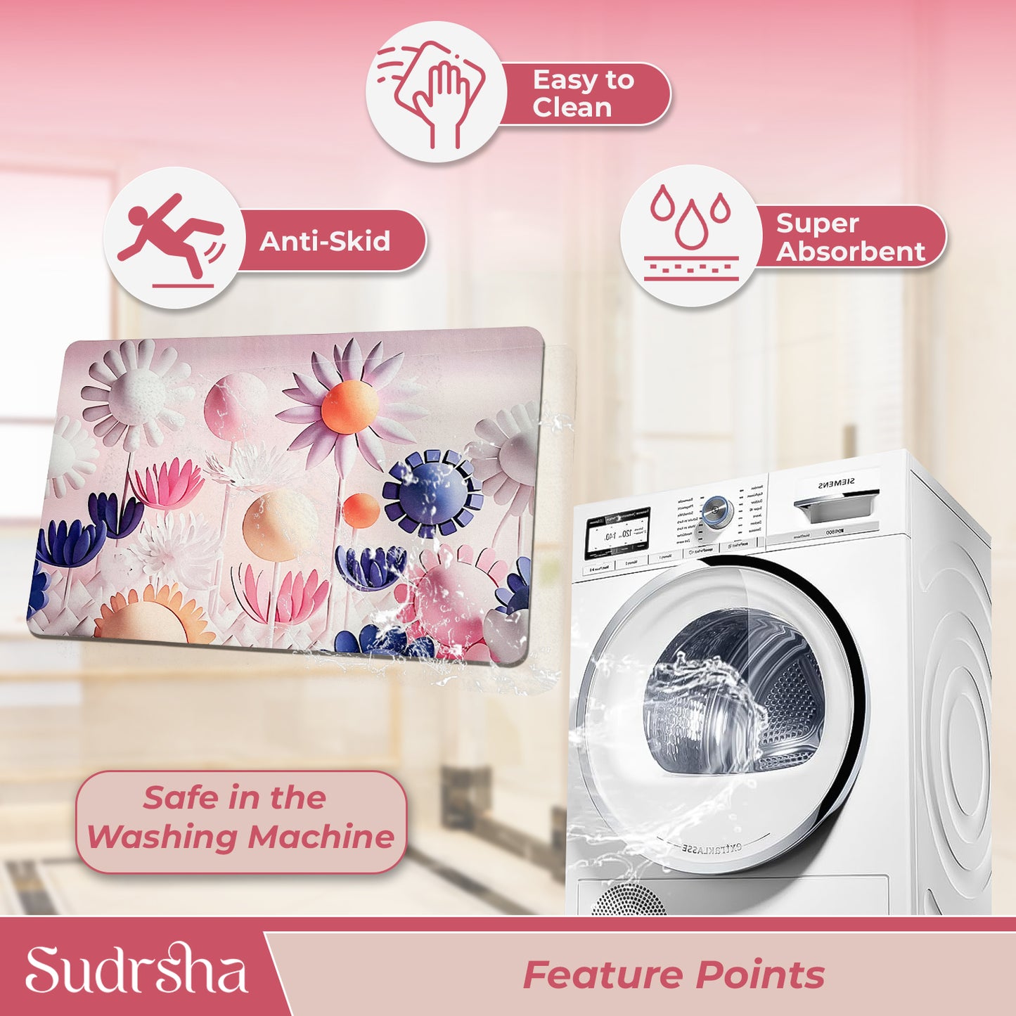 Sudrsha Anti-Skid 3D   Sun Flower Rubber Bath Mat – Water-Absorbent (pink)