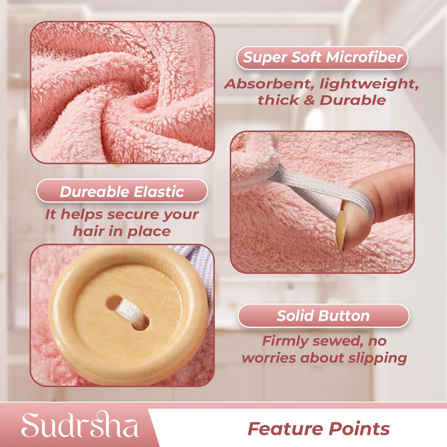 Sudrsha Microfiber (Pink)  Hair Towel Wrap for Women – Quick Drying, Super Absorbent with Elastic Loop