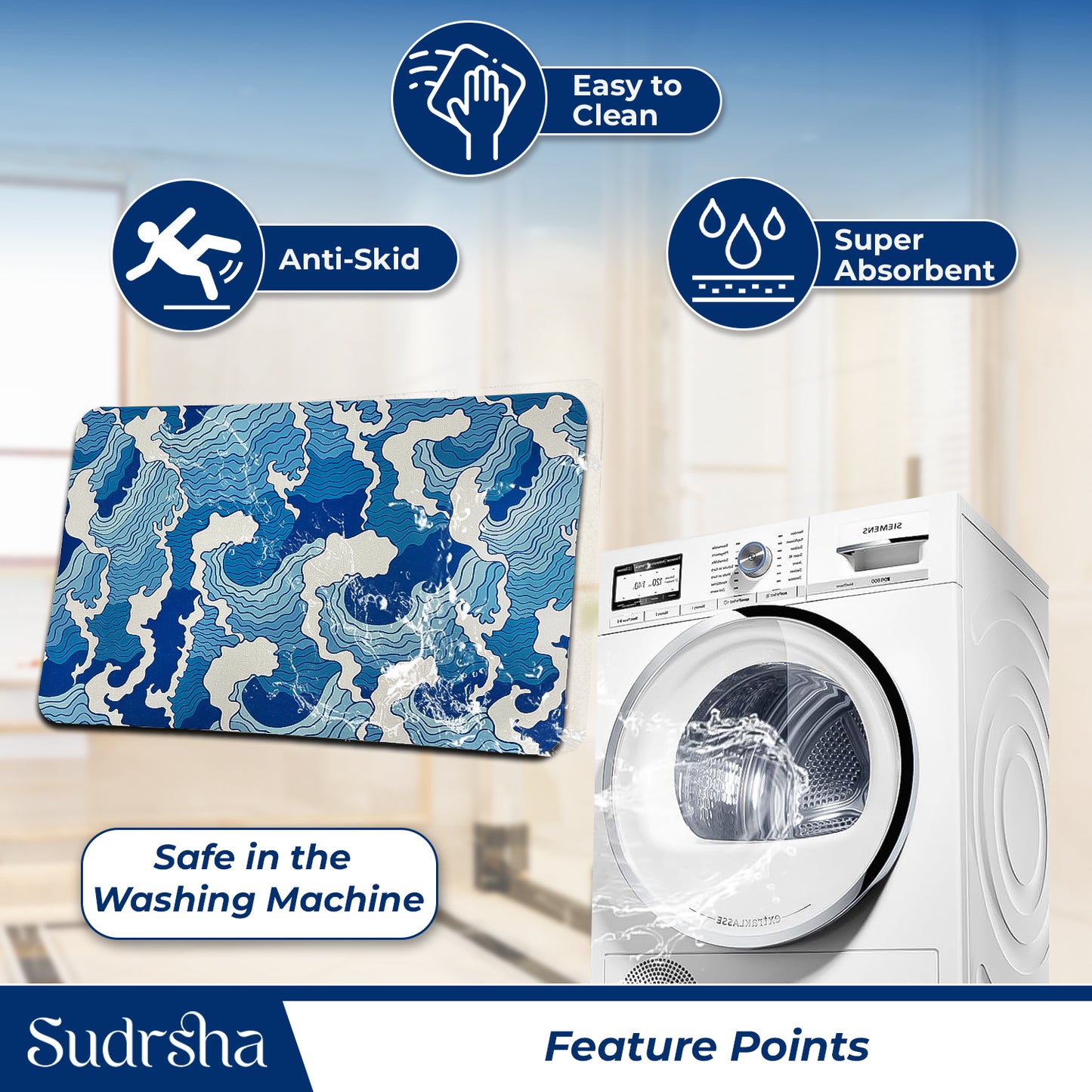 Sudrsha Anti-Skid 3D Blue Sea Waves  Rubber Bath Mat – Water-Absorbent