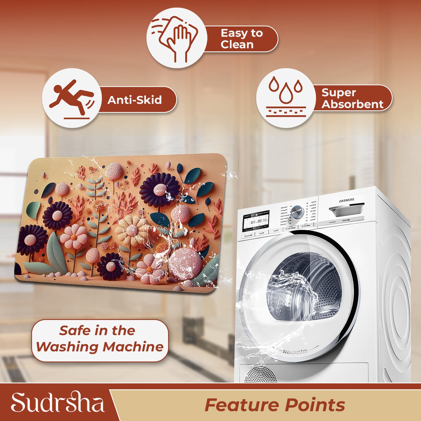 Sudrsha Anti-Skid 3D Flower Print Rubber Bath Mat – Water-Absorbent Orange  Bathroom Mat