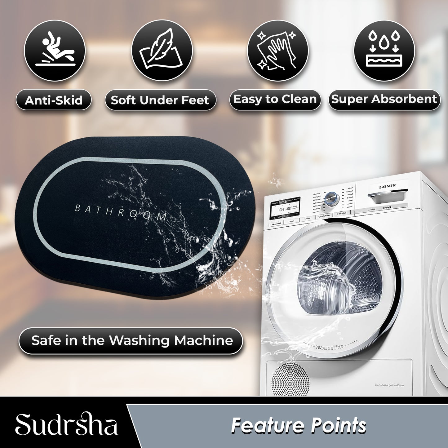 SUDRSHA Anti-Skid 3.5mm Black  Bath  Mat | Water Absorbent Door & Bathroom Floor Mat