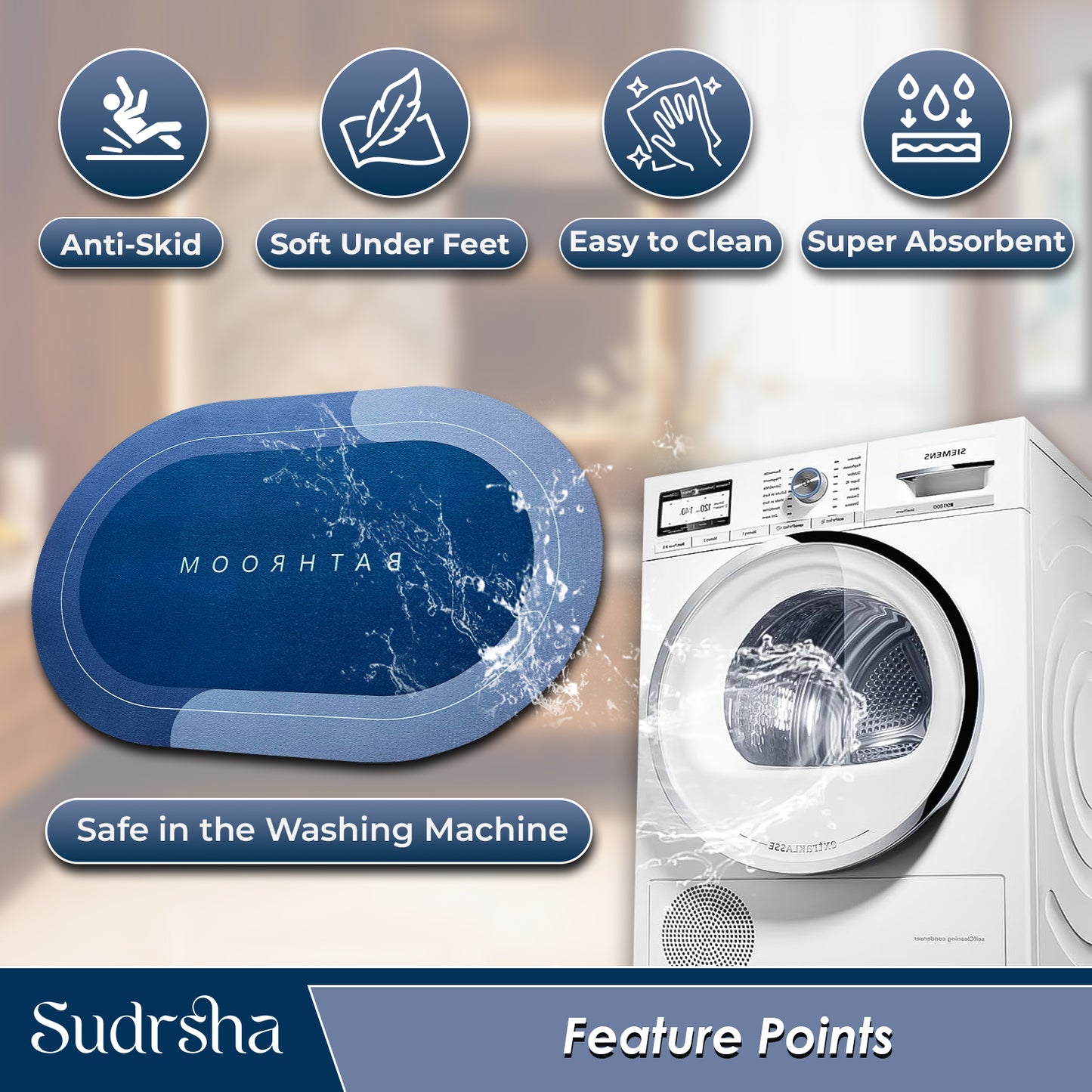 SUDRSHA Anti-Skid 3.5mm  Oval  Blue Bath Mat | Water Absorbent Door & Bathroom Floor Mat